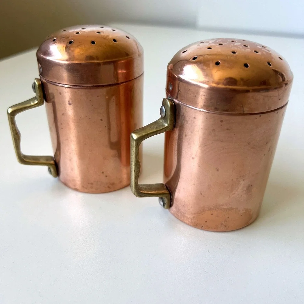 Vintage Solid Copper Salt & Pepper Shakers Brass Handles Boxed Made in Korea